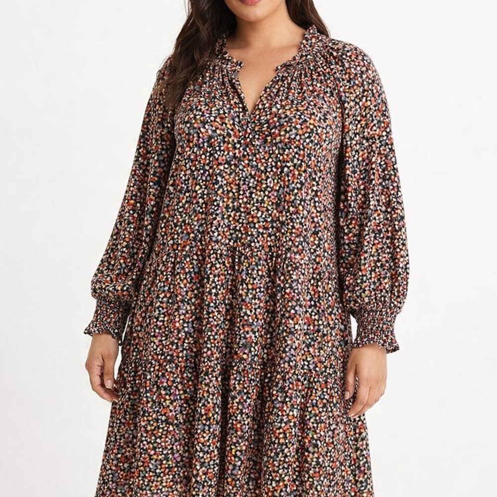 Velvet by Graham & Spencer Multicolor Ditsy Floral Tiered Smock Sleeve Boho Dres